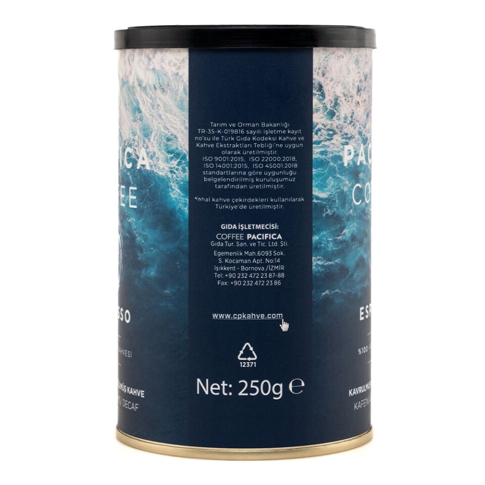 Coffee Pacifica Espresso Decaf Öğütülmüş Kahve (250 gr Teneke Kutu)