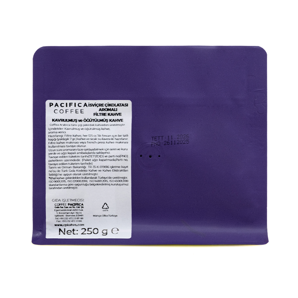 Pacifica Coffee Swiss Chocolate Aromalı Kahve (250 gr Poşet)